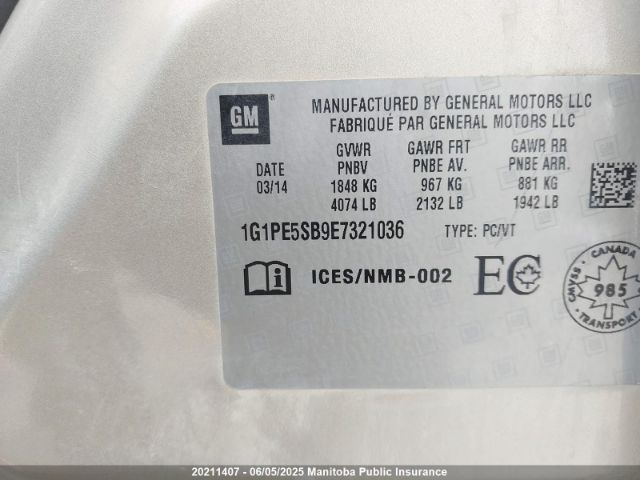 1G1PE5SB9E7321036 Chevrolet Cruze Lt Turbo
