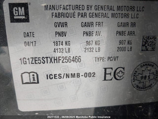 1G1ZE5STXHF256466 Chevrolet MALIBU LT