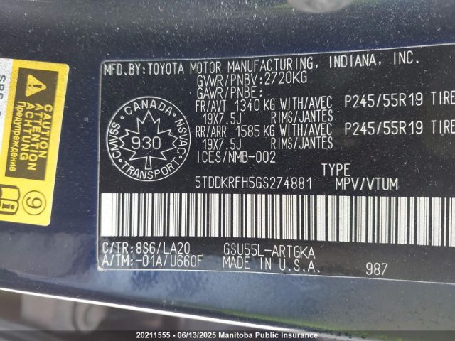 5TDDKRFH5GS274881 Toyota Highlander Limited V6