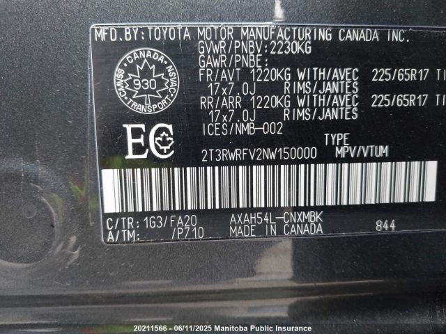 2T3RWRFV2NW150000 Toyota Rav4 Xle Hybrid