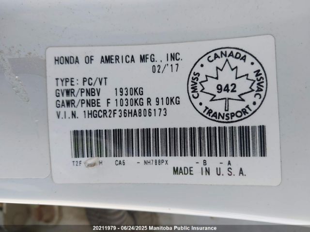 1HGCR2F36HA806173 Honda k24w1