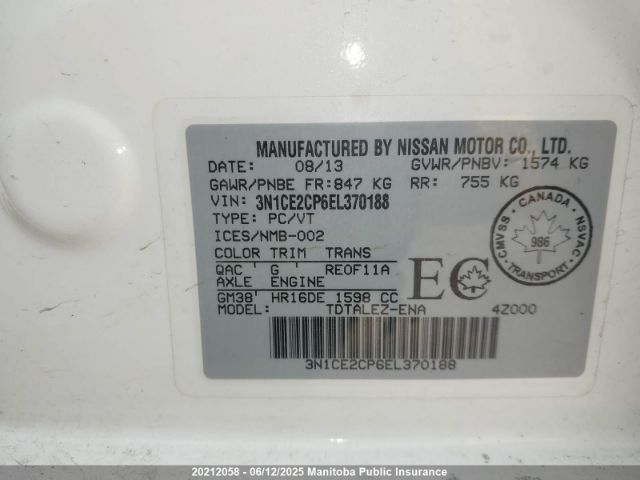 3N1CE2CP6EL370188 Nissan Versa Note Sl