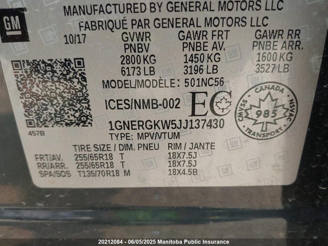 1GNERGKW5JJ137430 Chevrolet Traverse Lt