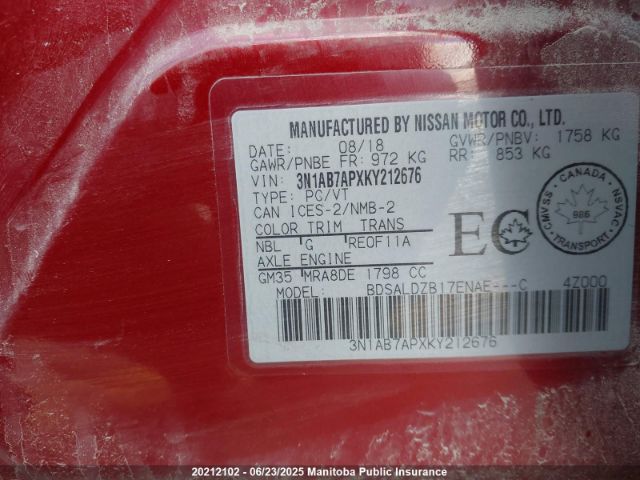 3N1AB7APXKY212676 Nissan Sentra