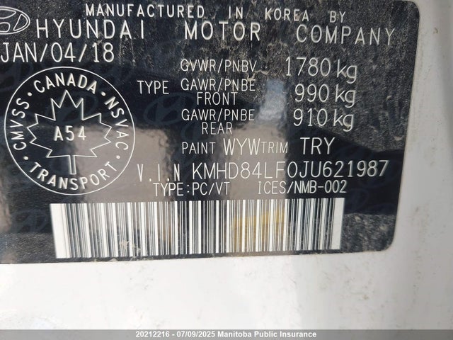 KMHD84LF0JU621987 Hyundai mpi nu