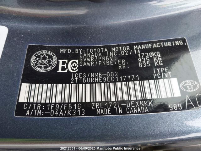 2T1BURHE9EC117171 Toyota COROLLA LE