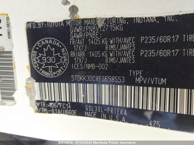 5TDKK3DCXFS658553 Toyota 2gr-fks