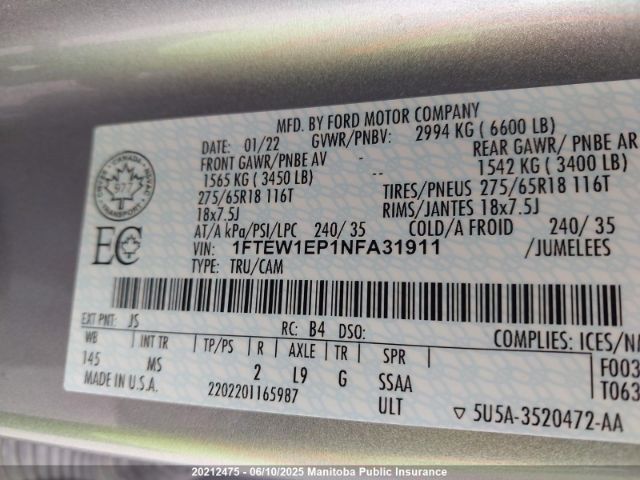 1FTEW1EP1NFA31911 Ford F150 Xlt Supercrew