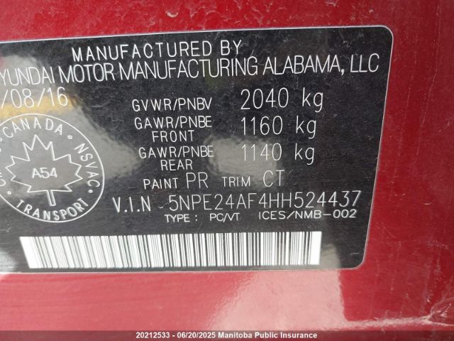 5NPE24AF4HH524437 Hyundai 2017