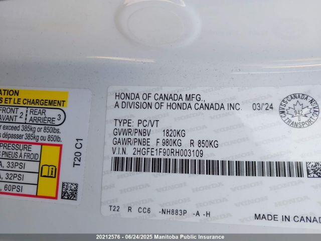 2HGFE1F90RH003109 Honda l15b7