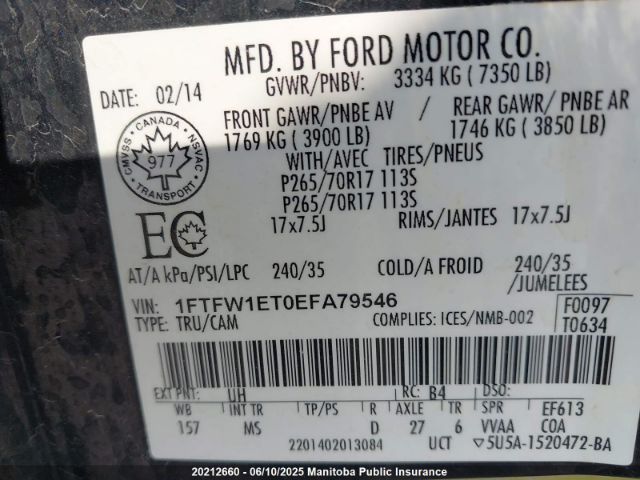 1FTFW1ET0EFA79546 Ford F150 Xlt Supercrew