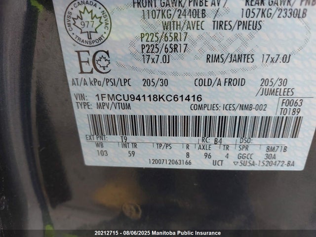 20212715 :رقم المزاد ، 1FMCU94118KC61416 vin ، 2008 Ford Escape Limited V6 مزاد بيع