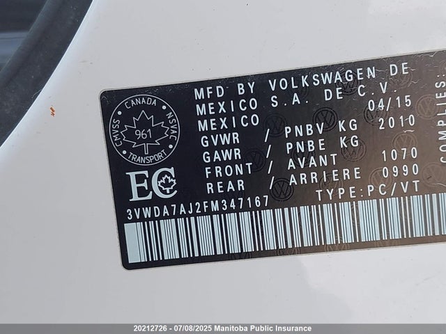 3VWDA7AJ2FM347167 Volkswagen 2015