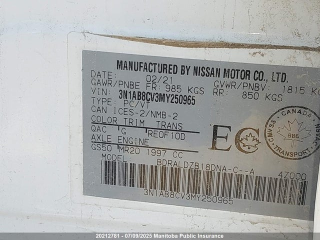 3N1AB8CV3MY250965 Nissan Sentra