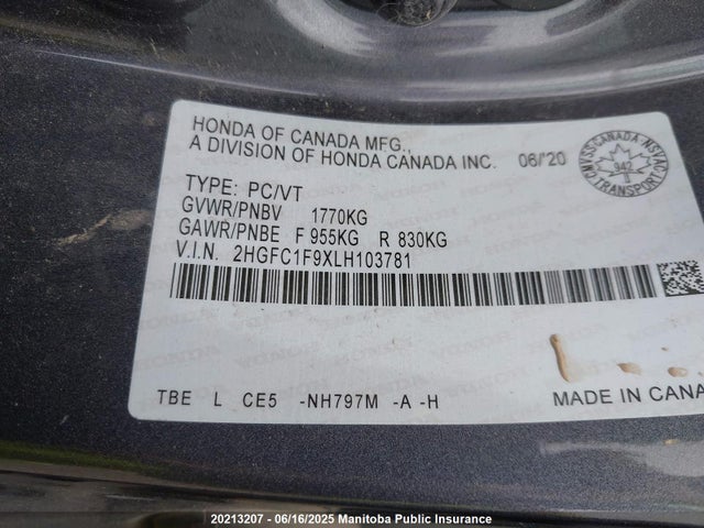 2HGFC1F9XLH103781 Honda l15b7