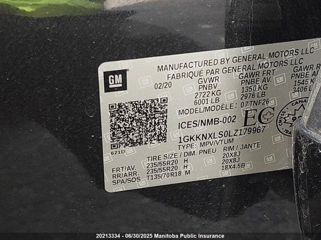 1GKKNXLS0LZ179967 GMC lgx - direct injection, variable valve timing, alum, gen 2