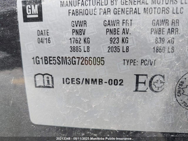 1G1BE5SM3G7266095 Chevrolet le2 - di: direct injection, alum, vvt, gen i, gmna