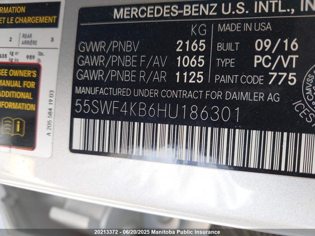 55SWF4KB6HU186301 Mercedes Benz c-class