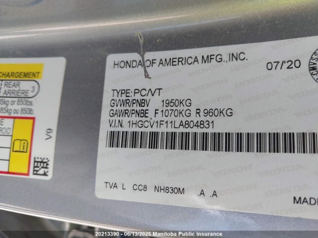 1HGCV1F11LA804831 Honda l15be