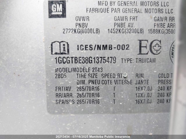 1GCGTBE38G1375479 Chevrolet lfx - sidi, vvt, e85 max, aluminum
