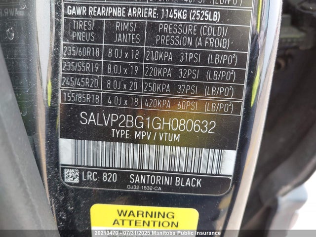 SALVP2BG1GH080632 Land Rover gtdi lev3 sulev30