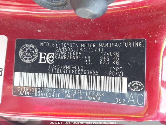 20213475 :رقم المزاد ، 2T1BU4EE8CC763855 vin ، 2012 Toyota Corolla Ce مزاد بيع