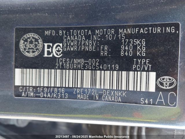 2T1BURHE3GC540119 Toyota 2zr-fe