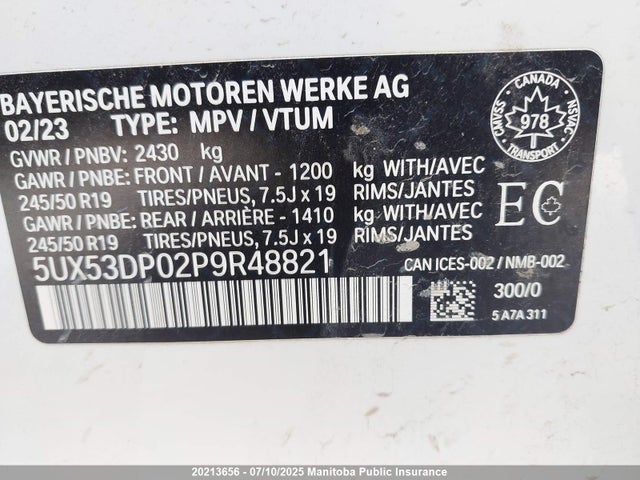 5UX53DP02P9R48821 BMW X3