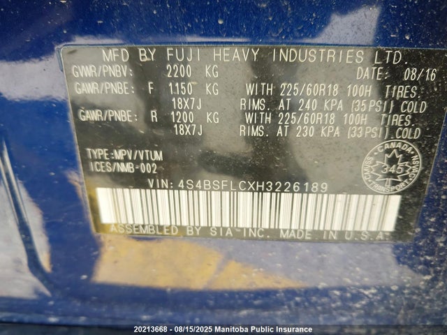 4S4BSFLCXH3226189 Subaru c0