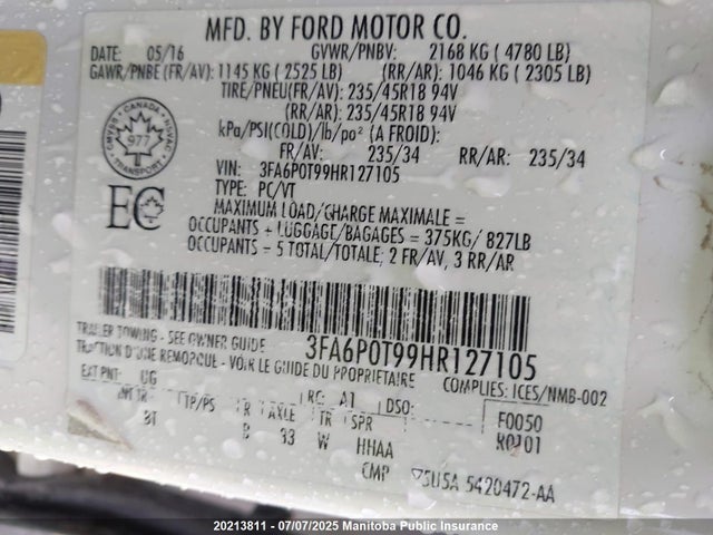 3FA6P0T99HR127105 Ford 2.0l gtdi premium fuel