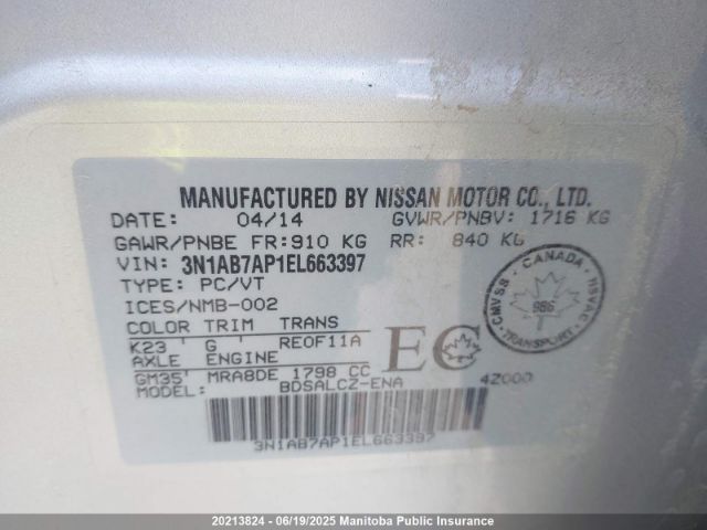 3N1AB7AP1EL663397 Nissan Sentra
