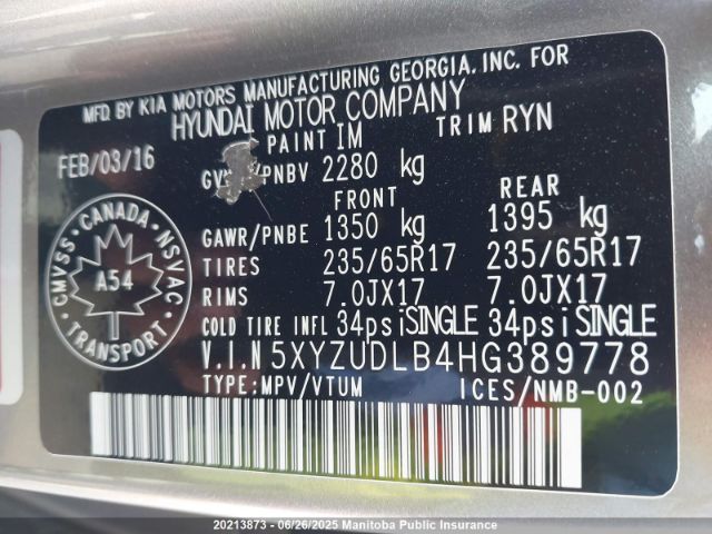 5XYZUDLB4HG389778 Hyundai gdi theta ii
