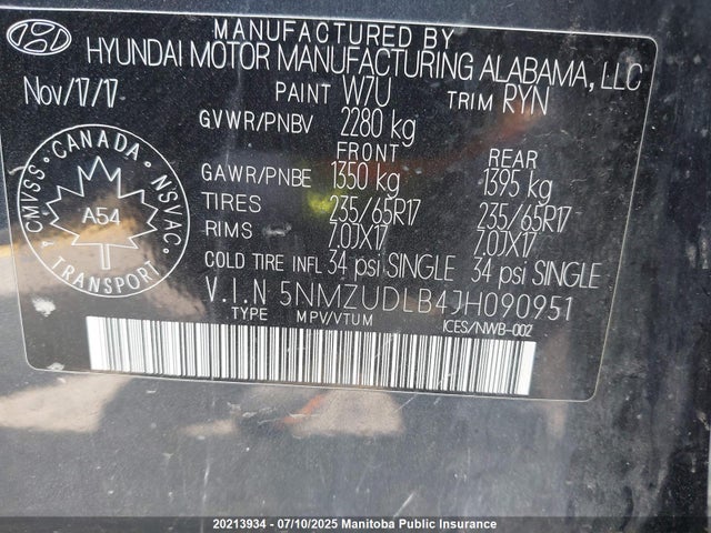 5NMZUDLB4JH090951 Hyundai gdi theta ii