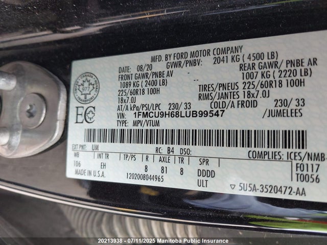 1FMCU9H68LUB99547 Ford 2020