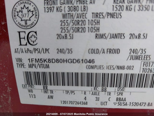 Ford 3.5l ti-vct 2017 1FM5K8D80HGD61046 Image 9