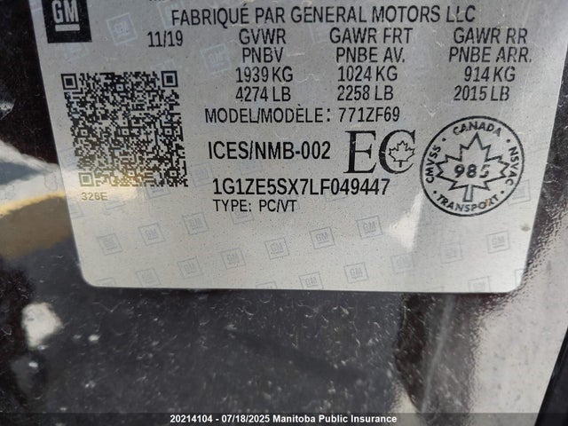 1G1ZE5SX7LF049447 Chevrolet ltg - spark ignited direct injection, variable valve timing, alum dohc, dcvcp turbo, e0-e100, alum