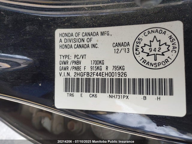 Honda r18z1 2014 2HGFB2F44EH001926 Image 9