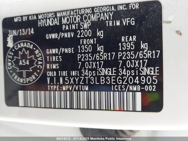 5XYZT3LB3EG204905 Hyundai gdi theta