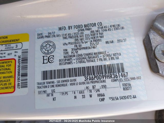 3FA6P0D99HR361467 Ford 2.0l gtdi premium fuel