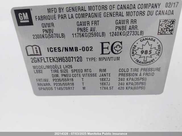 2GKFLTEK3H6307120 GMC lea - sidi: spark ignited direct injection, e85 max, alum