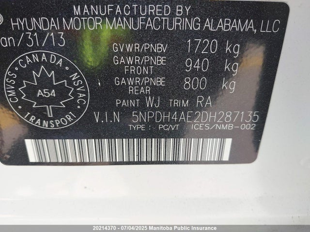 Aukcja sprzedaży 2013 Hyundai Elantra Gl, vin: 5NPDH4AE2DH287135, numer aukcji: 20214370