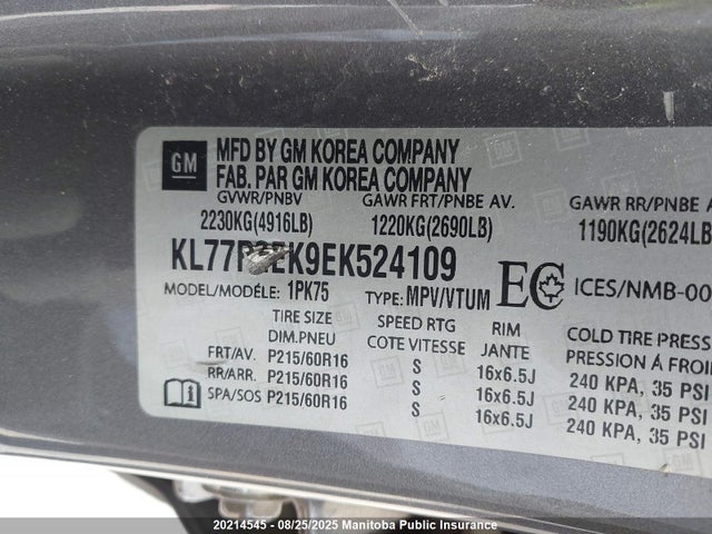 KL77P2EK9EK524109 Chevrolet lea - flex fuel (gas/alc), aluminum, high output