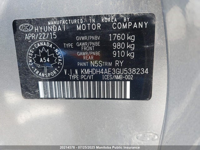 KMHDH4AE3GU538234 Hyundai dohc mpi nu