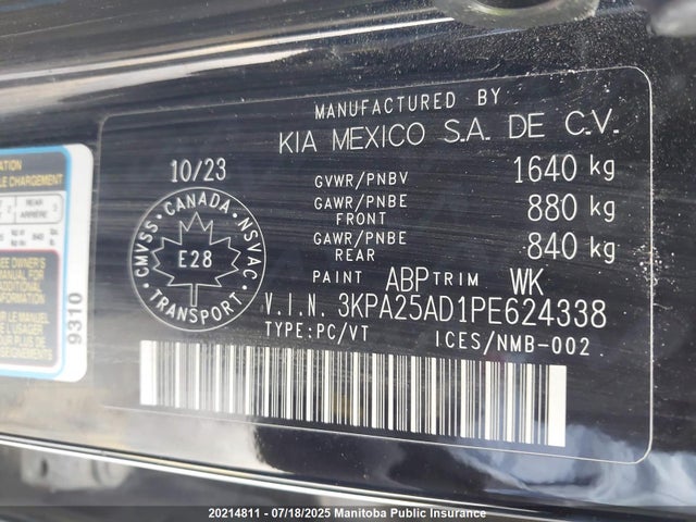 3KPA25AD1PE624338 KIA mpi gamma ii
