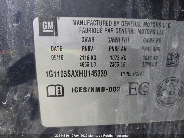 1G1105SAXHU145339 Chevrolet lcv -sidi: spark ignited direct injection, dcvcp, vvt: variable valve timing, e85 max, e0-e100, alum