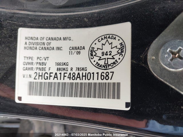 Продажа на аукционе авто 2010 Honda Civic Dx, vin: 2HGFA1F48AH011687, номер лота: 20214863