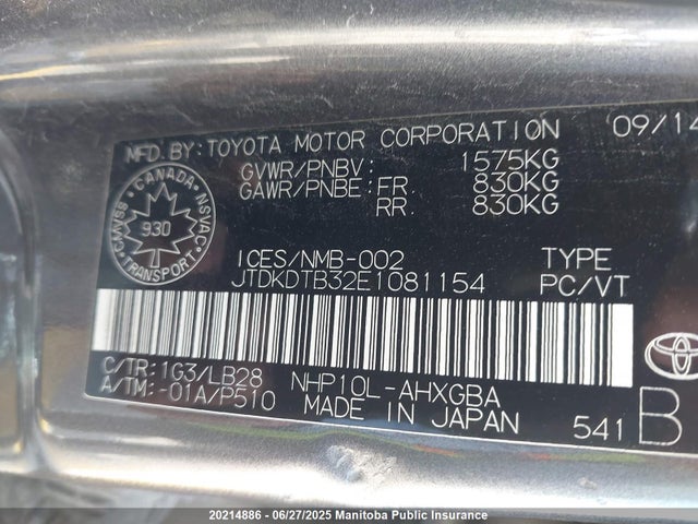 JTDKDTB32E1081154 Toyota 1nz-fxe+1lm