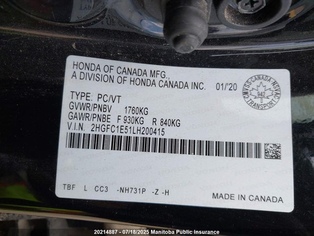 2HGFC1E51LH200415 Honda l15b7