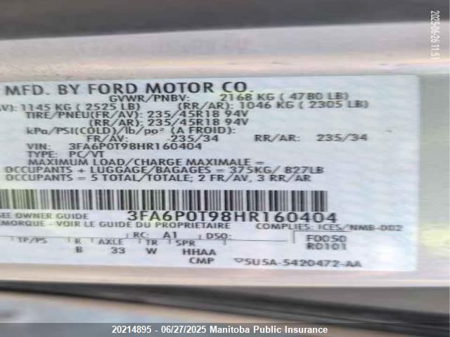 3FA6P0T98HR160404 Ford 2.0l gtdi premium fuel