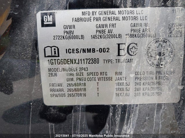 1GTG6DENXJ1172380 GMC lgz - direct injection, variable valve timing, alum, var2, gen 2